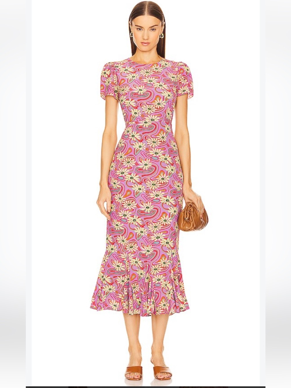 RHODE Lulani Midi Dress Floral Pink Midi Dress with Flutter Hem - Picture 1 of 11